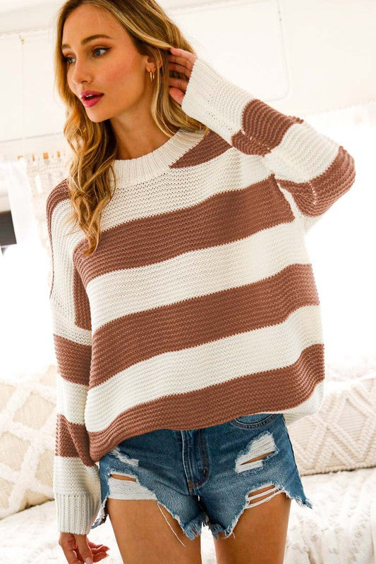 Striped Sweater - Brown-Sweater- Hometown Style HTS, women's in store and online boutique located in Ingersoll, Ontario