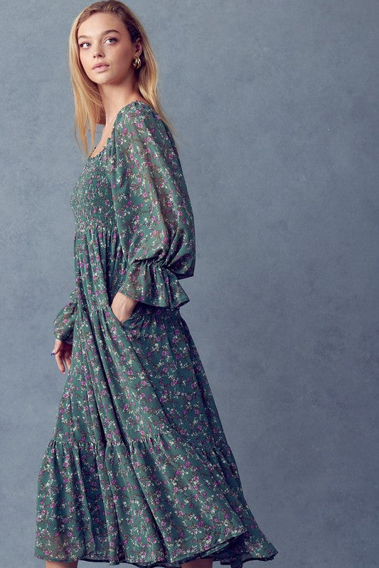 Dusty Sage Fall Floral Dress-Dress- Hometown Style HTS, women's in store and online boutique located in Ingersoll, Ontario