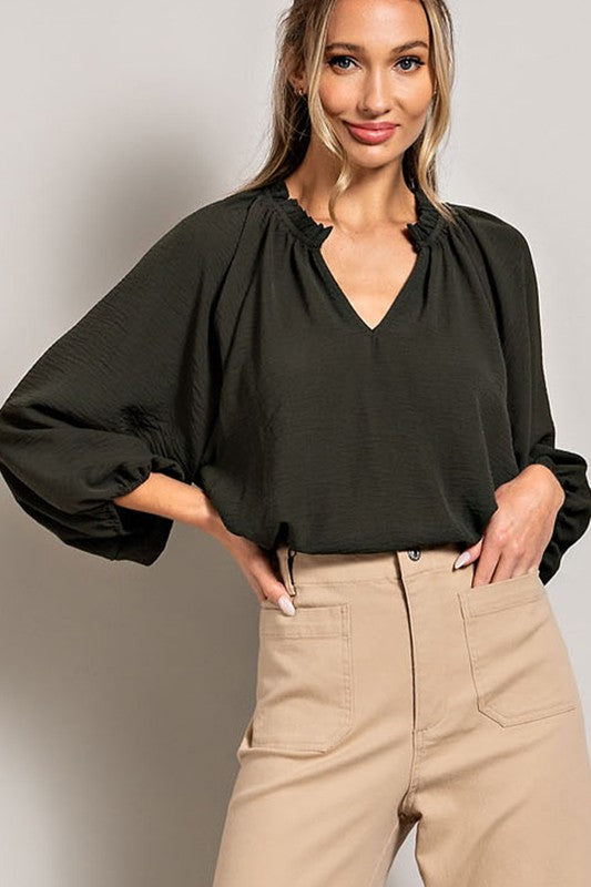 Puff Sleeve Blouse Top - Green-blouse- Hometown Style HTS, women's in store and online boutique located in Ingersoll, Ontario