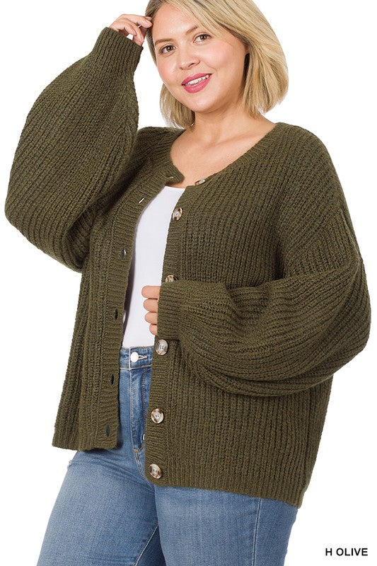 Balloon Sleeve Cardigan - Olive-Sweater- Hometown Style HTS, women's in store and online boutique located in Ingersoll, Ontario