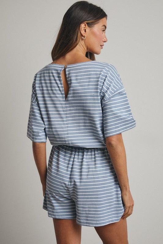 Striped Romper - Blue-Shorts- Hometown Style HTS, women's in store and online boutique located in Ingersoll, Ontario