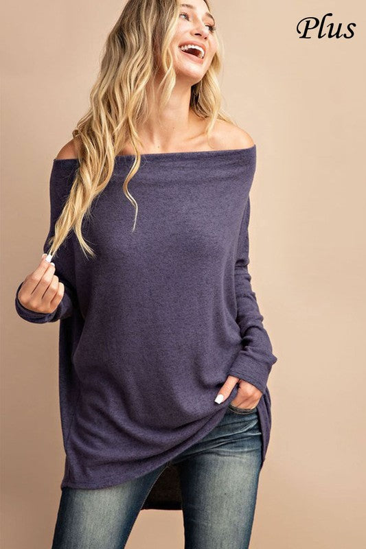Long Sleeve, Off Shoulder Top - Navy - EX-Sweater- Hometown Style HTS, women's in store and online boutique located in Ingersoll, Ontario