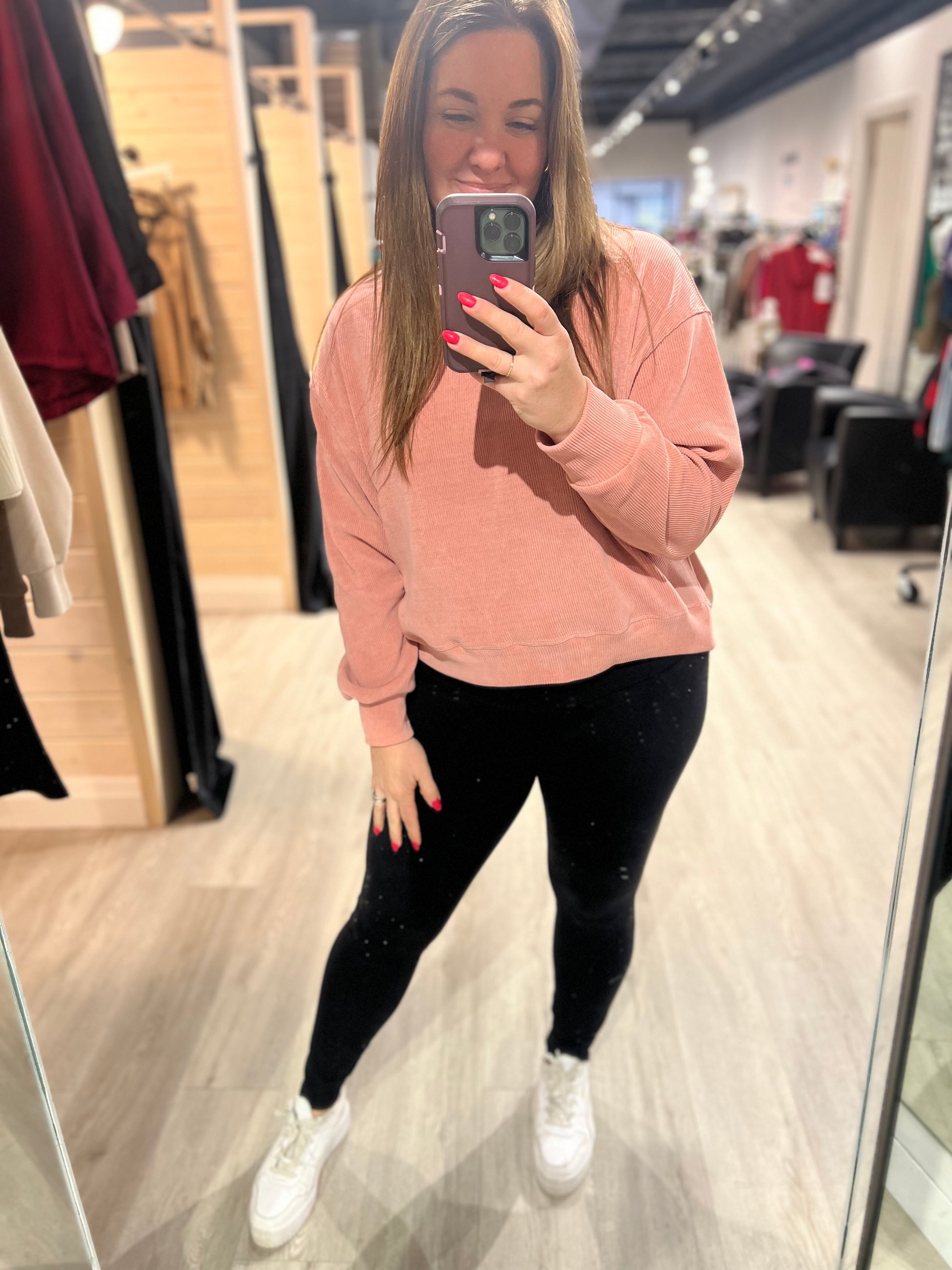 Ribbed Corduroy Long Sleeve - Dusty Rose-Sweater- Hometown Style HTS, women's in store and online boutique located in Ingersoll, Ontario