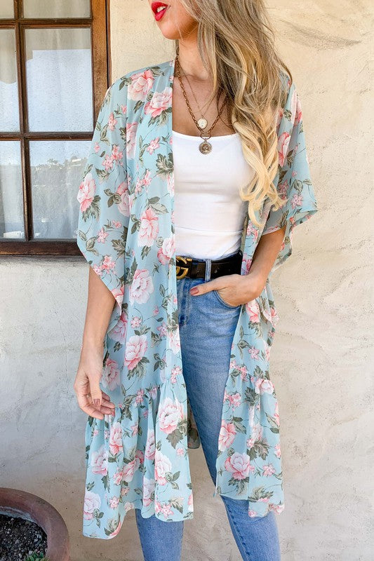 Floral Print, Ruffle Bottom Kimono-kimono- Hometown Style HTS, women's in store and online boutique located in Ingersoll, Ontario