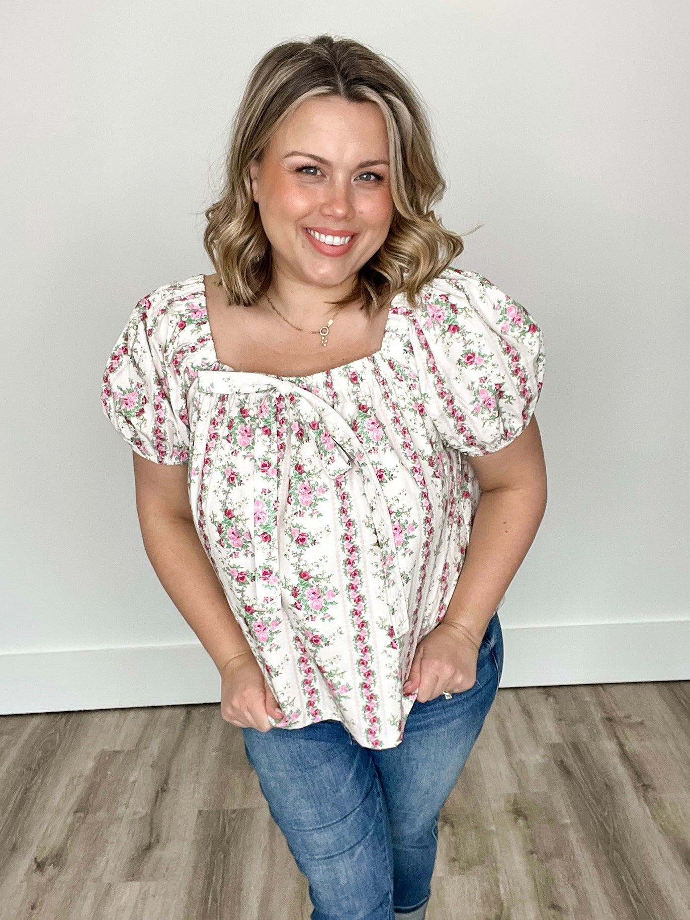 Floral Puff Sleeve Blouse - Pink-Tops- Hometown Style HTS, women's in store and online boutique located in Ingersoll, Ontario