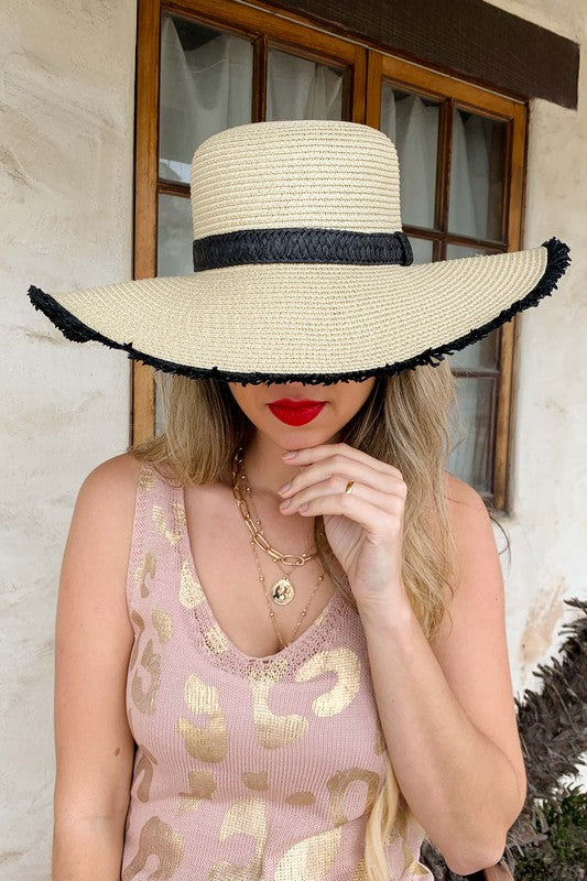 Sun Straw Floppy Hat - Black Band-Hat- Hometown Style HTS, women's in store and online boutique located in Ingersoll, Ontario