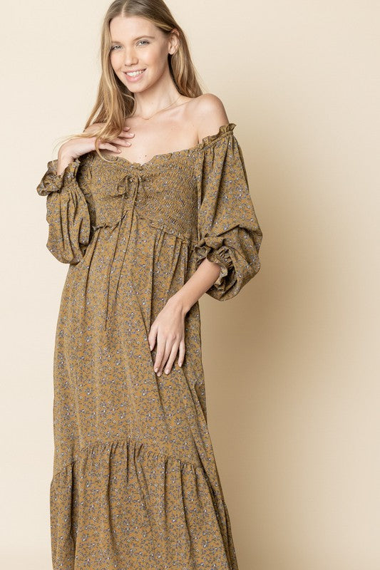 Smocked Boho Style Dress - Olive-Dress- Hometown Style HTS, women's in store and online boutique located in Ingersoll, Ontario