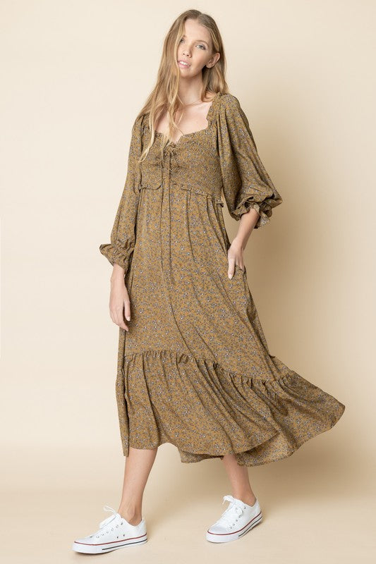 Smocked Boho Style Dress - Olive-Dress- Hometown Style HTS, women's in store and online boutique located in Ingersoll, Ontario