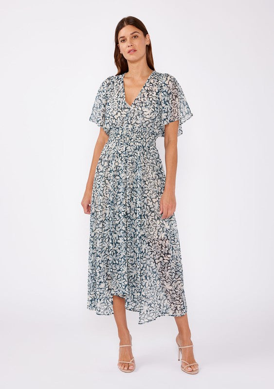 Floral Chiffon V Neck Midi Dress - Blue-Dress- Hometown Style HTS, women's in store and online boutique located in Ingersoll, Ontario