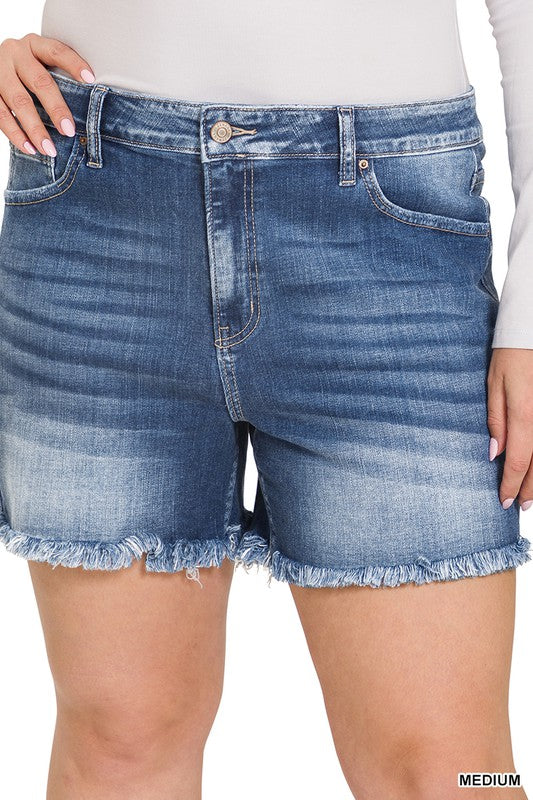 Mid Rise, Frayed Hem Shorts - Medium Wash-Shorts- Hometown Style HTS, women's in store and online boutique located in Ingersoll, Ontario