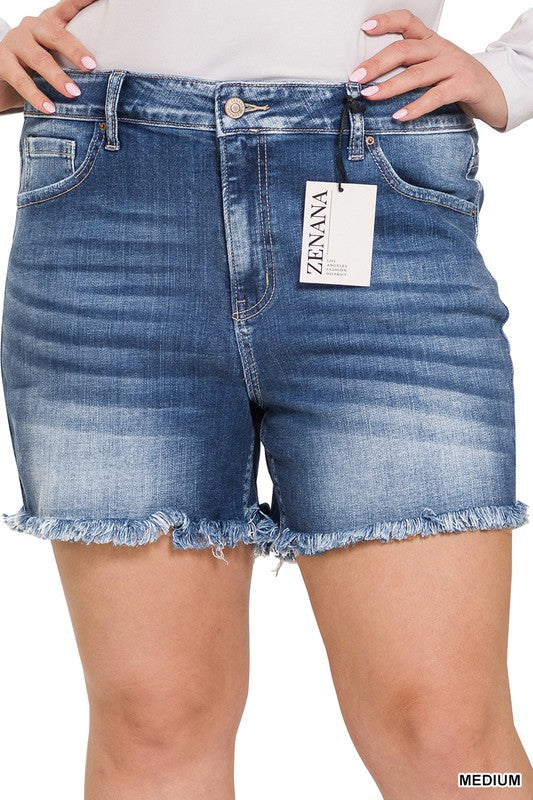 Mid Rise, Frayed Hem Shorts - Medium Wash-Shorts- Hometown Style HTS, women's in store and online boutique located in Ingersoll, Ontario