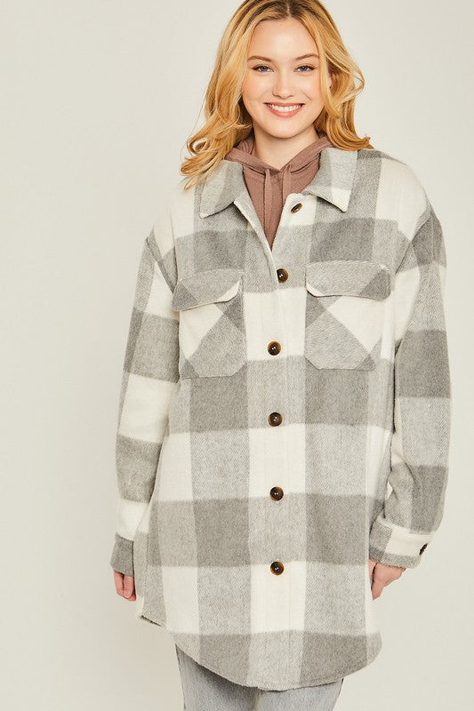 Long Plaid Shacket - Grey-Shacket- Hometown Style HTS, women's in store and online boutique located in Ingersoll, Ontario