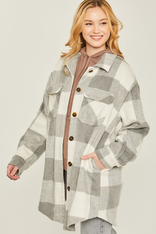 Long Plaid Shacket - Grey-Shacket- Hometown Style HTS, women's in store and online boutique located in Ingersoll, Ontario