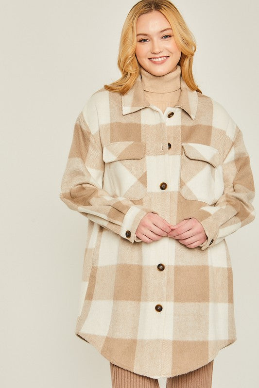 Long Plaid Shacket - Latte-Shacket- Hometown Style HTS, women's in store and online boutique located in Ingersoll, Ontario