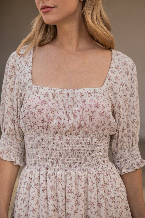 Ditsy Floral Square Neck Dress - Ivory - EX-Dress- Hometown Style HTS, women's in store and online boutique located in Ingersoll, Ontario