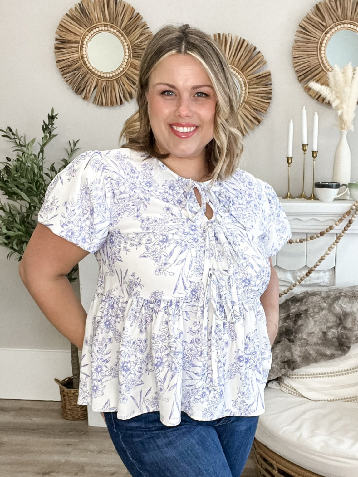 Front Ribbon Tie Blouse - Blue Floral-tops- Hometown Style HTS, women's in store and online boutique located in Ingersoll, Ontario