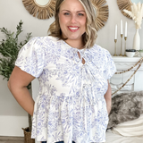 Front Ribbon Tie Blouse - Blue Floral-tops- Hometown Style HTS, women's in store and online boutique located in Ingersoll, Ontario