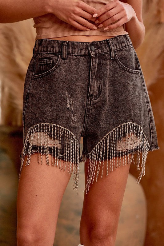 Rhinestone Trim, Denim Shorts - Black Wash-Shorts- Hometown Style HTS, women's in store and online boutique located in Ingersoll, Ontario
