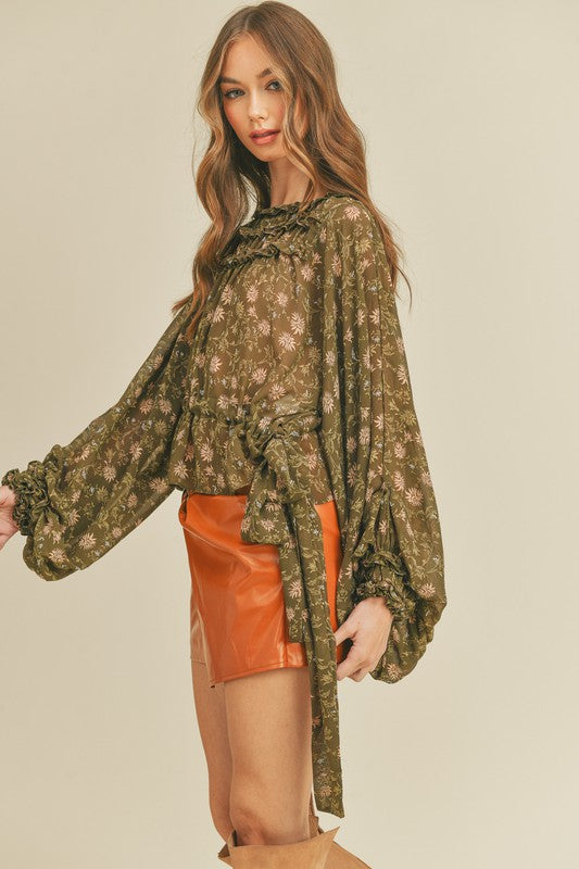 Dolman Sleeve Floral Blouse - Olive-Tops- Hometown Style HTS, women's in store and online boutique located in Ingersoll, Ontario