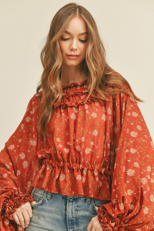 Dolman Sleeve Floral Blouse - Rust-blouse- Hometown Style HTS, women's in store and online boutique located in Ingersoll, Ontario