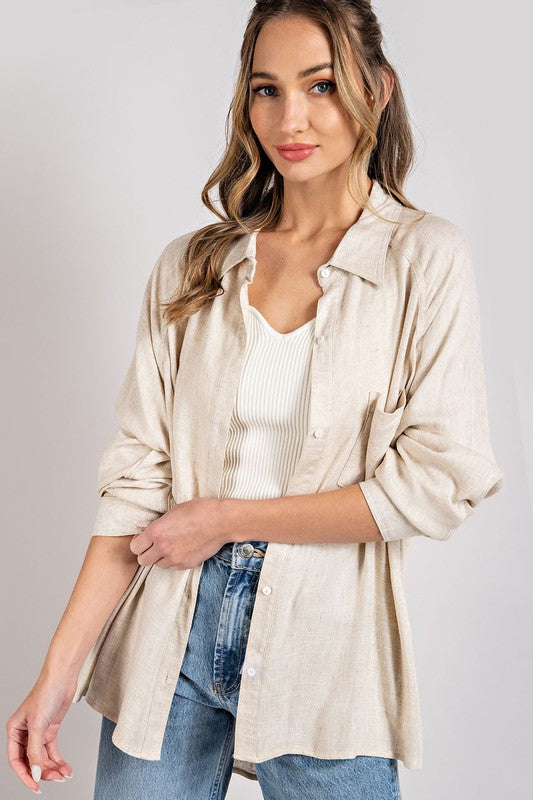 Button Down Linen Shirt-blouse- Hometown Style HTS, women's in store and online boutique located in Ingersoll, Ontario