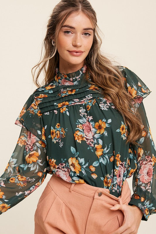 Mock Neck Floral Blouse - Green-blouse- Hometown Style HTS, women's in store and online boutique located in Ingersoll, Ontario