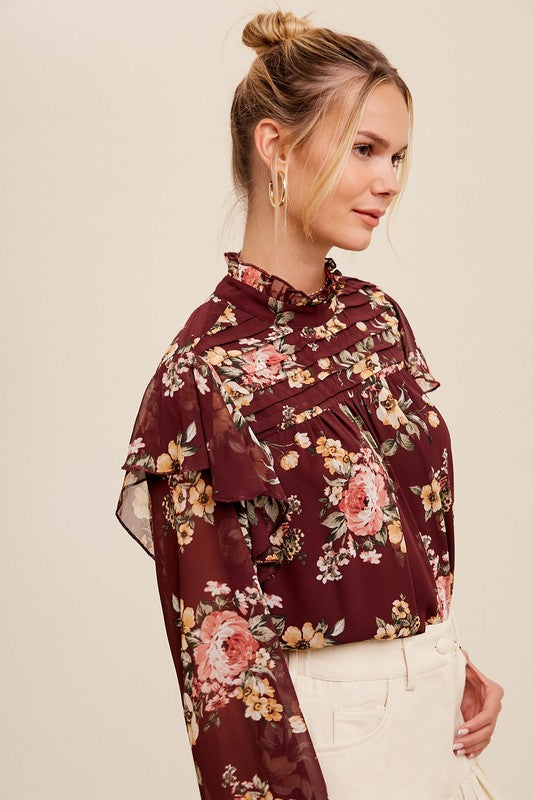 Mock Neck Floral Blouse - Wine-blouse- Hometown Style HTS, women's in store and online boutique located in Ingersoll, Ontario