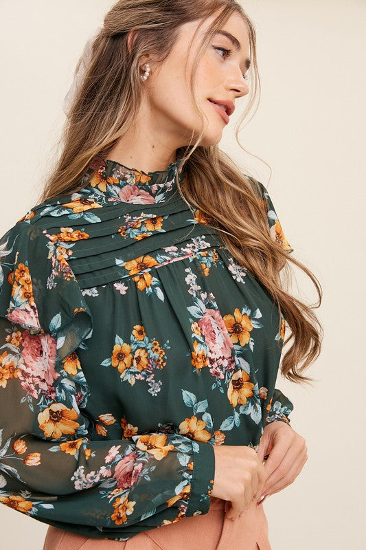 Mock Neck Floral Blouse - Green-blouse- Hometown Style HTS, women's in store and online boutique located in Ingersoll, Ontario