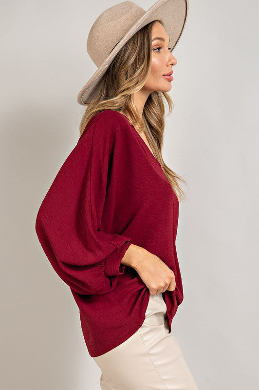 Puff Sleeve, V Neck Blouse - Wine-blouse- Hometown Style HTS, women's in store and online boutique located in Ingersoll, Ontario