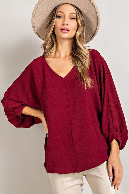 Puff Sleeve, V Neck Blouse - Wine-blouse- Hometown Style HTS, women's in store and online boutique located in Ingersoll, Ontario