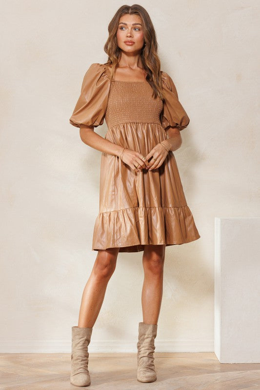 Leatherette Tiered Mini Dress - Camel-Dress- Hometown Style HTS, women's in store and online boutique located in Ingersoll, Ontario