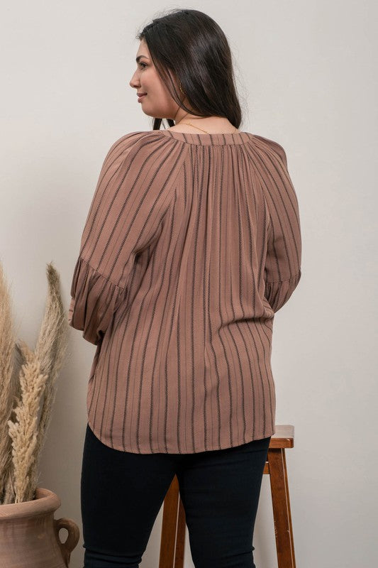 Striped Peasant Blouse - Brown-blouse- Hometown Style HTS, women's in store and online boutique located in Ingersoll, Ontario