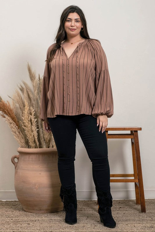 Striped Peasant Blouse - Brown-blouse- Hometown Style HTS, women's in store and online boutique located in Ingersoll, Ontario