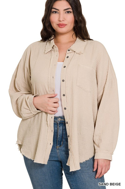 Cotton Button Up - Sand Beige- Hometown Style HTS, women's in store and online boutique located in Ingersoll, Ontario