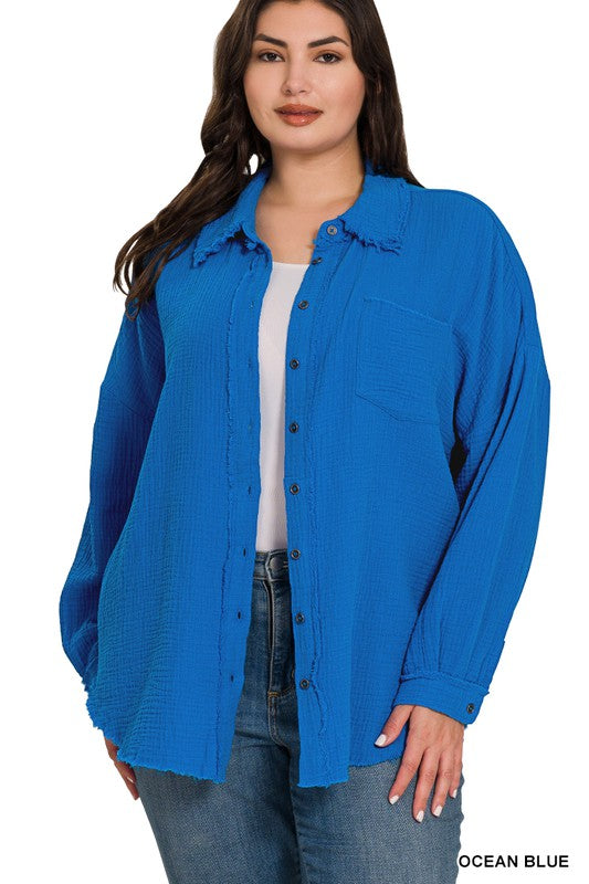 Cotton Button Up - Ocean Blue- Hometown Style HTS, women's in store and online boutique located in Ingersoll, Ontario