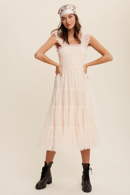 Smocked, Ruffle Tiered Mesh Maxi Dress - Ivory-Dress- Hometown Style HTS, women's in store and online boutique located in Ingersoll, Ontario