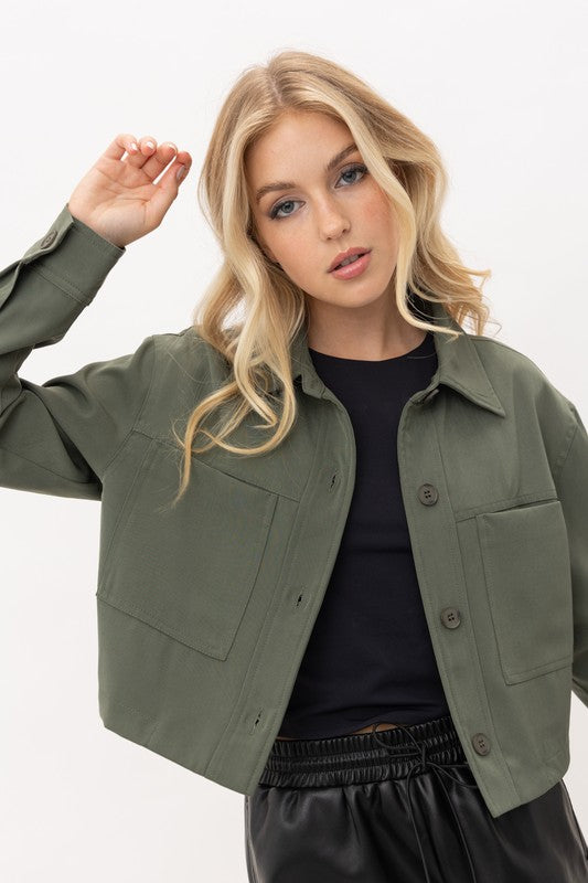 Cropped Moto Jacket - Olive-shacket- Hometown Style HTS, women's in store and online boutique located in Ingersoll, Ontario