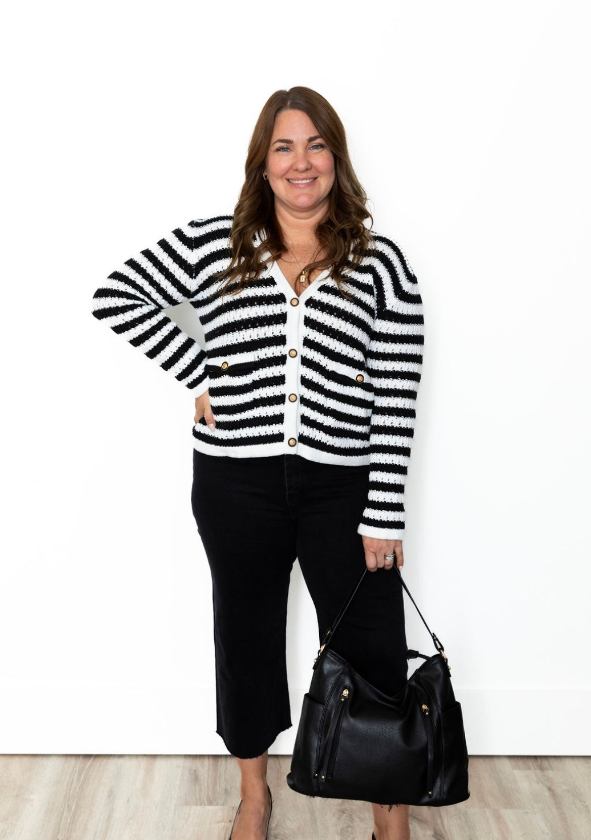 Striped Cardigan - Black-cardigan- Hometown Style HTS, women's in store and online boutique located in Ingersoll, Ontario