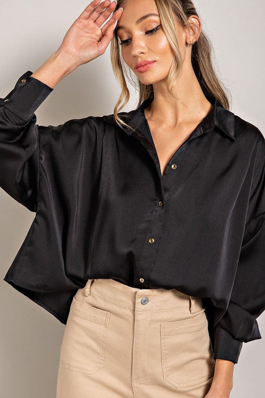 Cropped Button Down Blouse - Black-blouse- Hometown Style HTS, women's in store and online boutique located in Ingersoll, Ontario