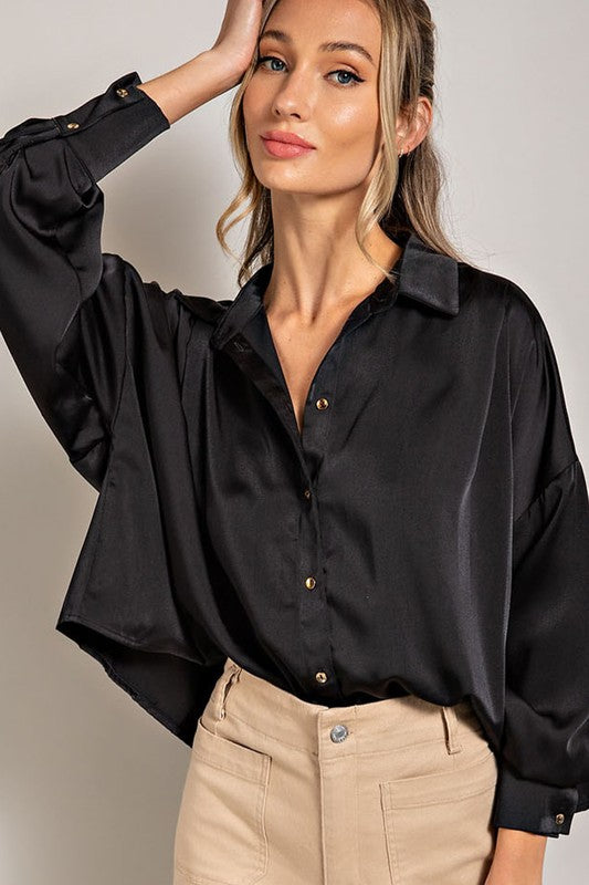 Cropped Button Down Blouse - Black-blouse- Hometown Style HTS, women's in store and online boutique located in Ingersoll, Ontario
