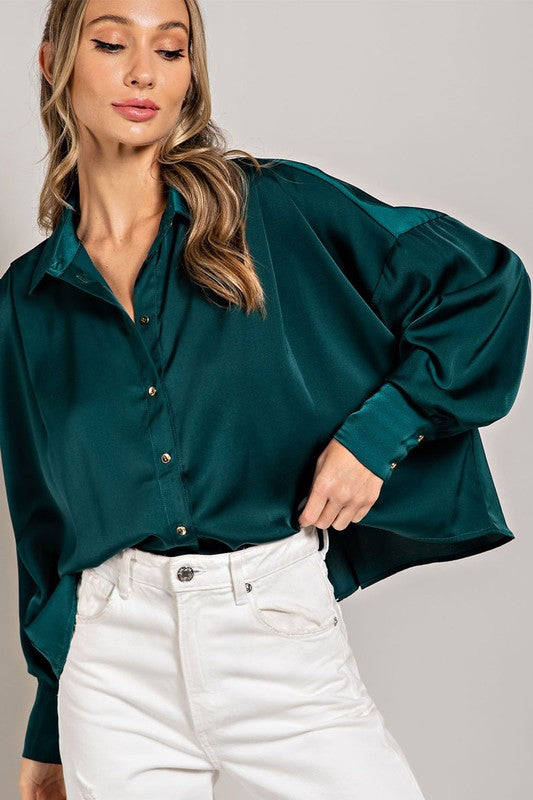 Cropped Button Down Blouse - Teal- Hometown Style HTS, women's in store and online boutique located in Ingersoll, Ontario