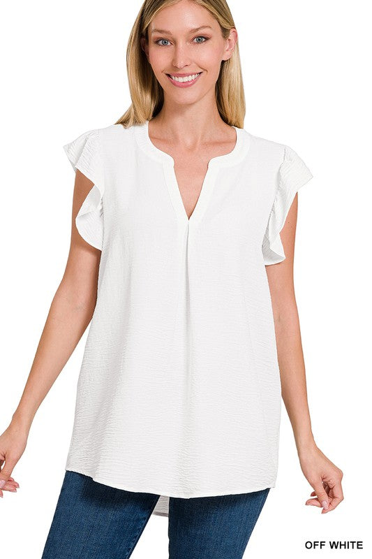 Ruffled Sleeve Blouse - White-blouse- Hometown Style HTS, women's in store and online boutique located in Ingersoll, Ontario