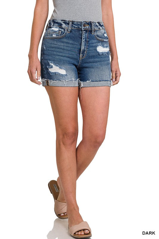 Distressed Cuffed Raw Hem Denim Shorts - Dark-Shorts- Hometown Style HTS, women's in store and online boutique located in Ingersoll, Ontario