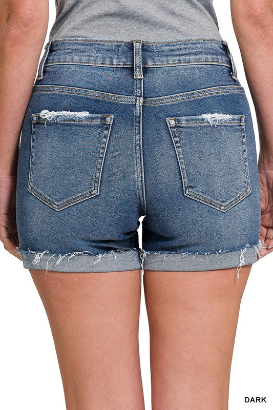 Distressed Cuffed Raw Hem Denim Shorts - Dark-Shorts- Hometown Style HTS, women's in store and online boutique located in Ingersoll, Ontario