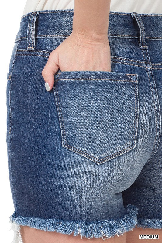 Mid Rise - Raw Frayed Hem Shorts - Medium Wash-Shorts- Hometown Style HTS, women's in store and online boutique located in Ingersoll, Ontario