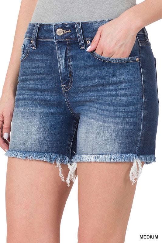 Mid Rise - Raw Frayed Hem Shorts - Medium Wash-Shorts- Hometown Style HTS, women's in store and online boutique located in Ingersoll, Ontario