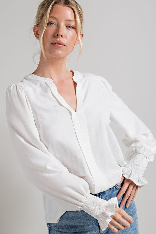 V Neck Long Sleeve Blouse - White-blouse- Hometown Style HTS, women's in store and online boutique located in Ingersoll, Ontario