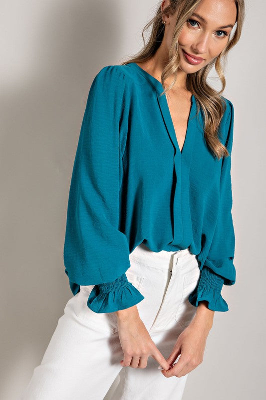 V Neck Long Sleeve Blouse - Dark Teal-blouse- Hometown Style HTS, women's in store and online boutique located in Ingersoll, Ontario