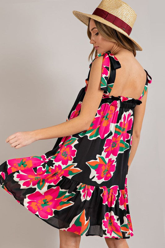 Floral Tie Strap Dress - Hot Pink-Dress- Hometown Style HTS, women's in store and online boutique located in Ingersoll, Ontario