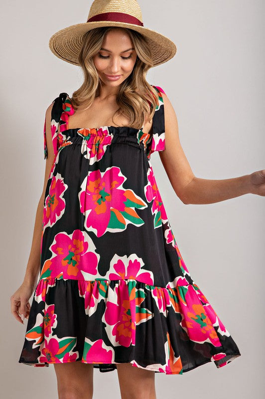 Floral Tie Strap Dress - Hot Pink-Dress- Hometown Style HTS, women's in store and online boutique located in Ingersoll, Ontario